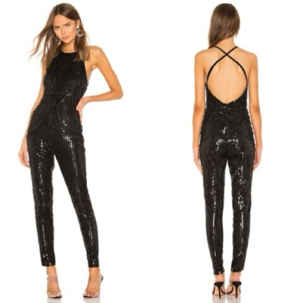 Superdown Black Sequin Halter Jumpsuit